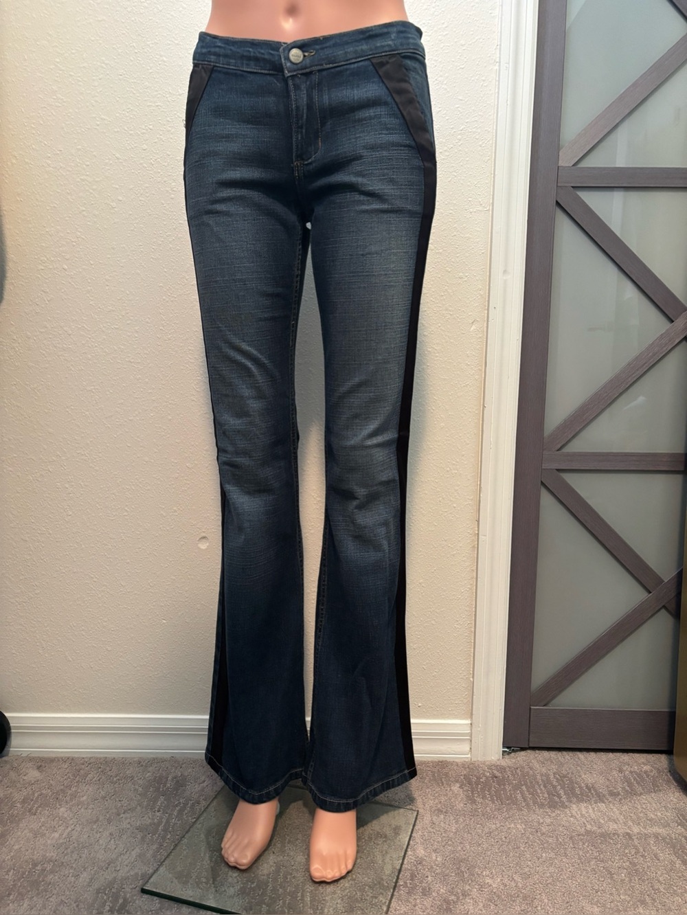 Allen B Women Jeans 26x32 Flare Bootcut Dark Wash Satin Side Stripe Tuxedo Style